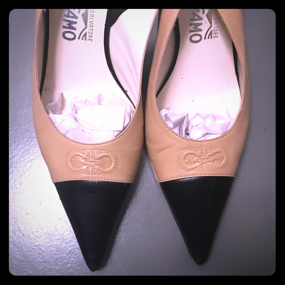 Salvatore Ferragamo Tan Slingbacks w/Black Toe Cap